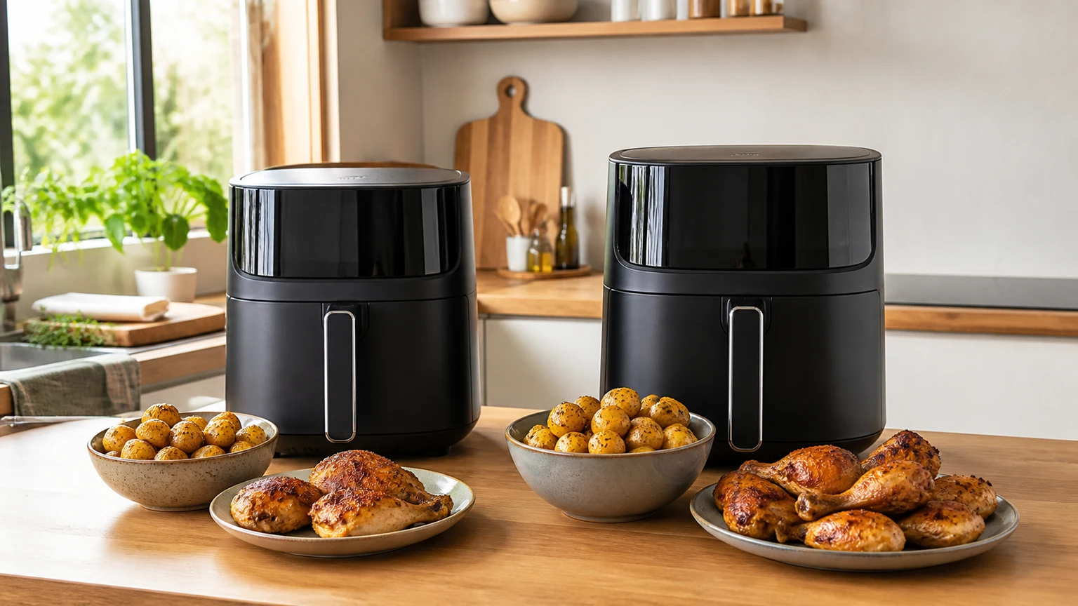 Duas air fryers de tamanhos diferentes com porções de batata para comparar 5L e 6L.