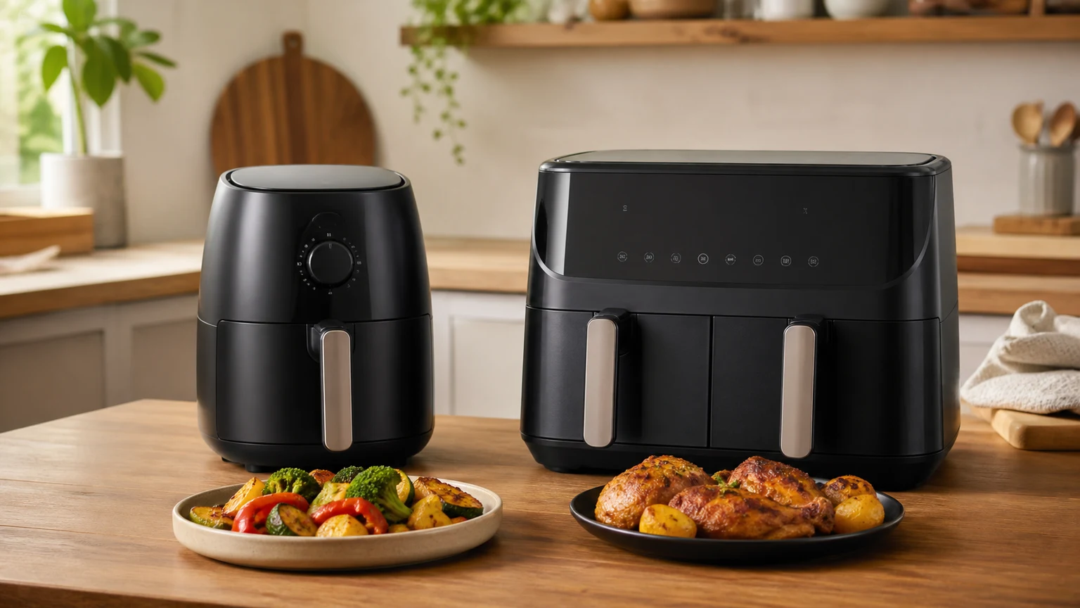 Uma air fryer compacta ao lado de um modelo maior com dupla cuba e uma refeição preparada.