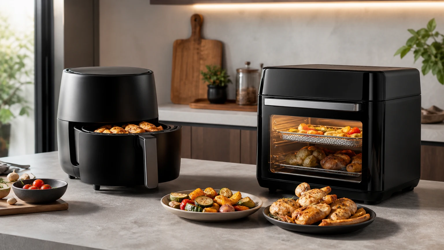 Uma air fryer de cuba ao lado de uma air fryer forno com tabuleiros e alimentos visíveis.
