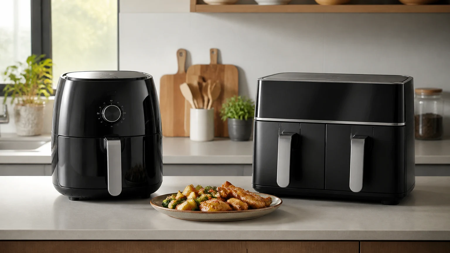 Uma air fryer de dupla cuba ao lado de uma air fryer de uma cuba com pratos preparados.
