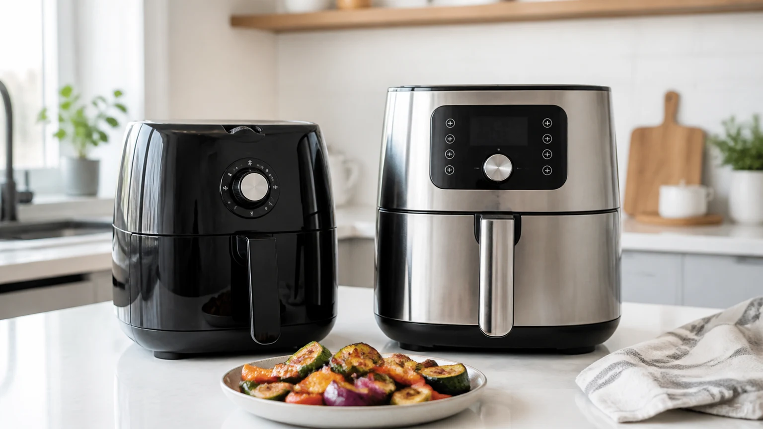 Duas air fryers sem marcas visíveis, uma compacta e outra digital, numa bancada iluminada.