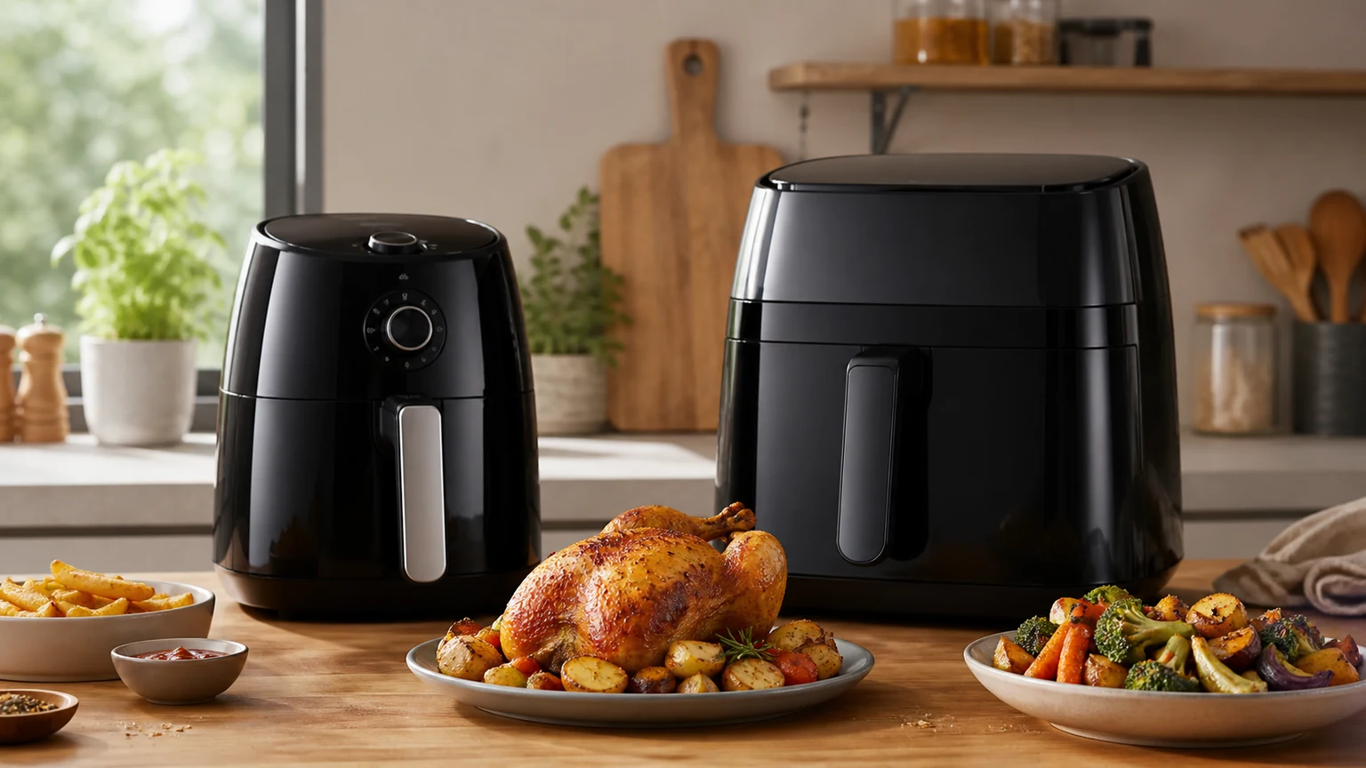 Duas air fryers sem logótipos, uma simples e outra maior, numa cozinha com refeições preparadas.
