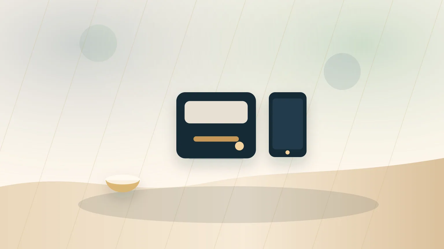 Smartphone junto a uma air fryer numa bancada moderna, com interface genérica desfocada.