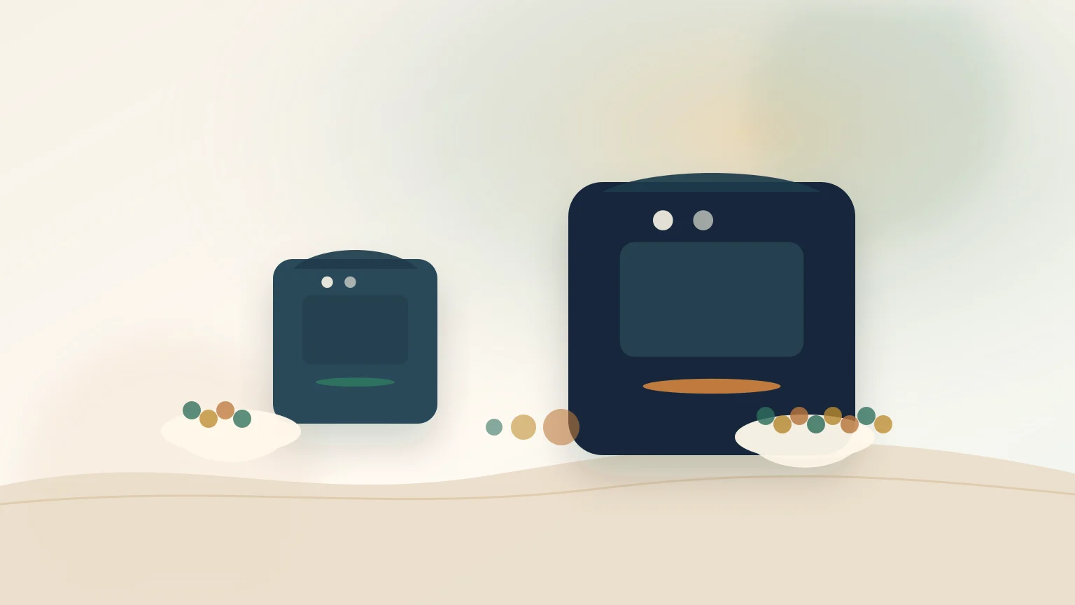 Air fryer compacta e air fryer grande numa bancada com porções familiares preparadas em taças.