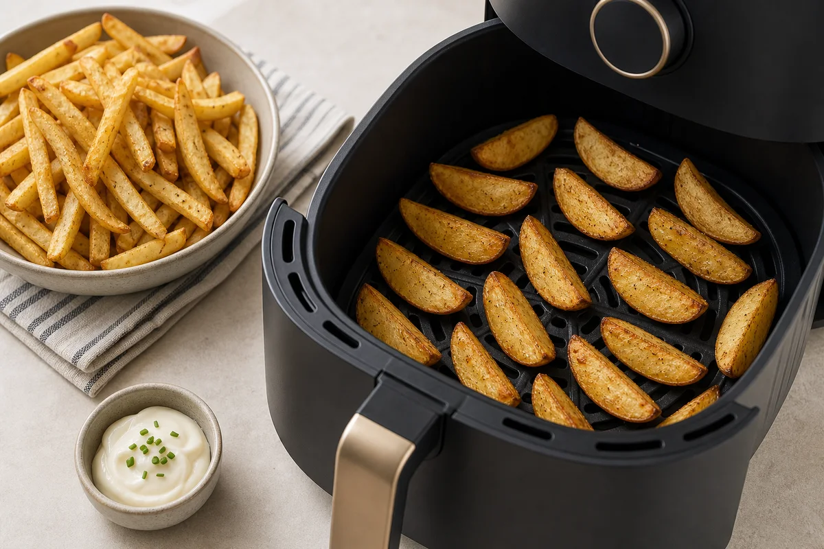 Batatas espalhadas em camada solta dentro de cesto de air fryer.