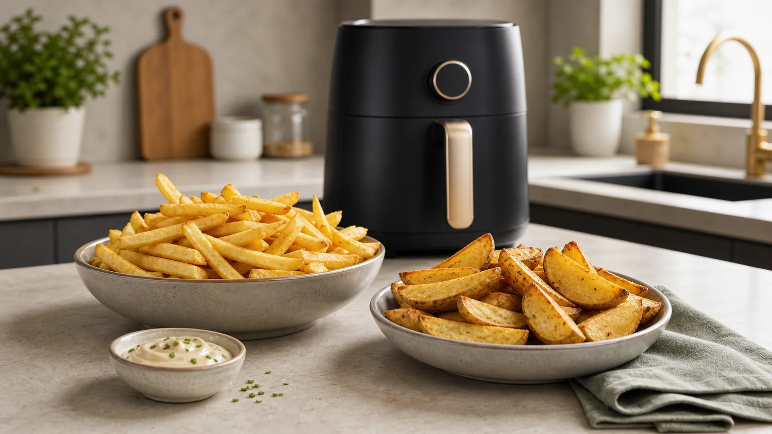 Batatas fritas douradas servidas junto a uma air fryer.