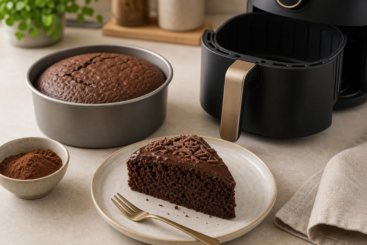 Fatias de bolo de chocolate com textura húmida num prato simples.
