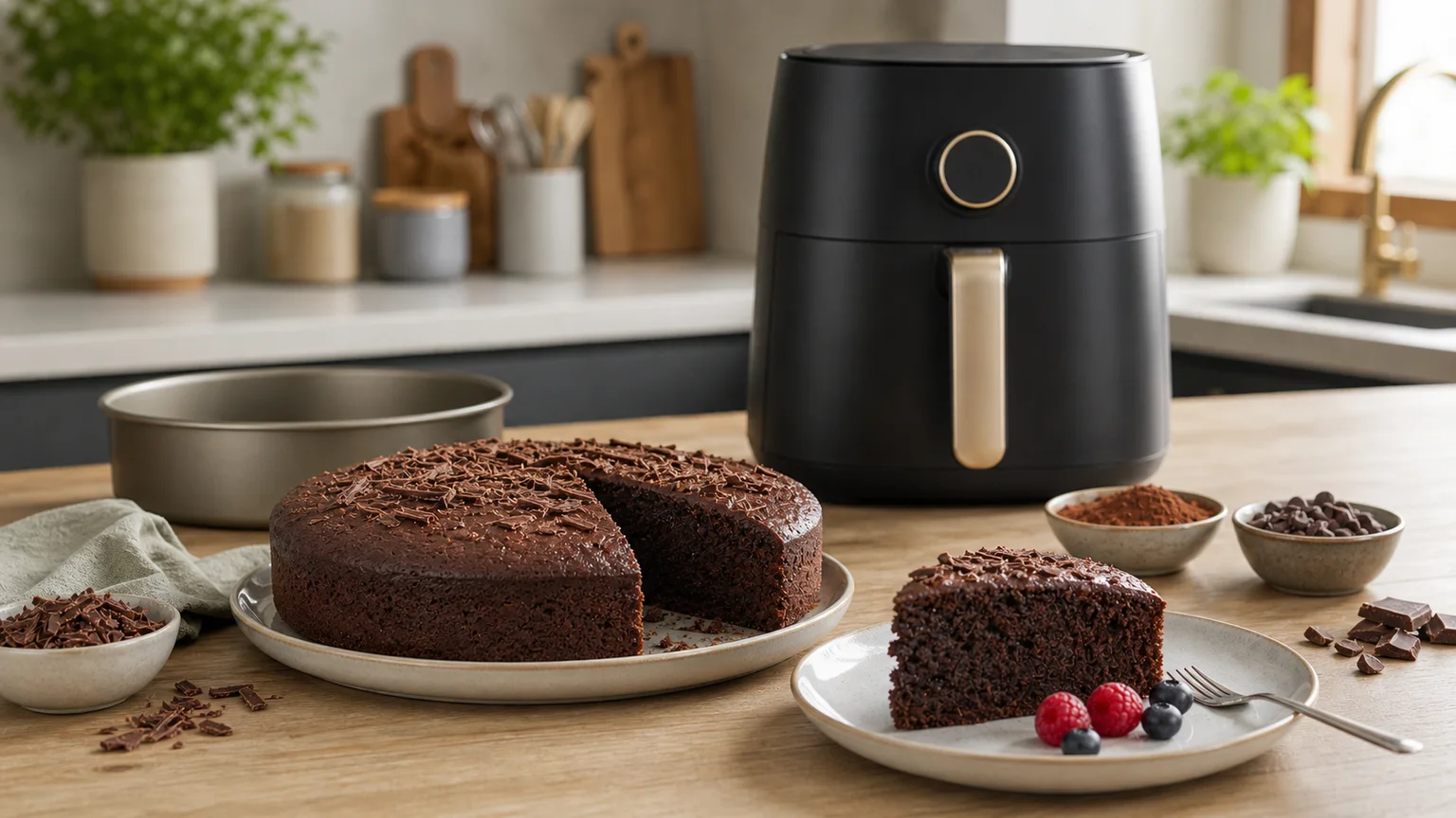 Bolo de chocolate pequeno numa forma redonda junto a uma air fryer.