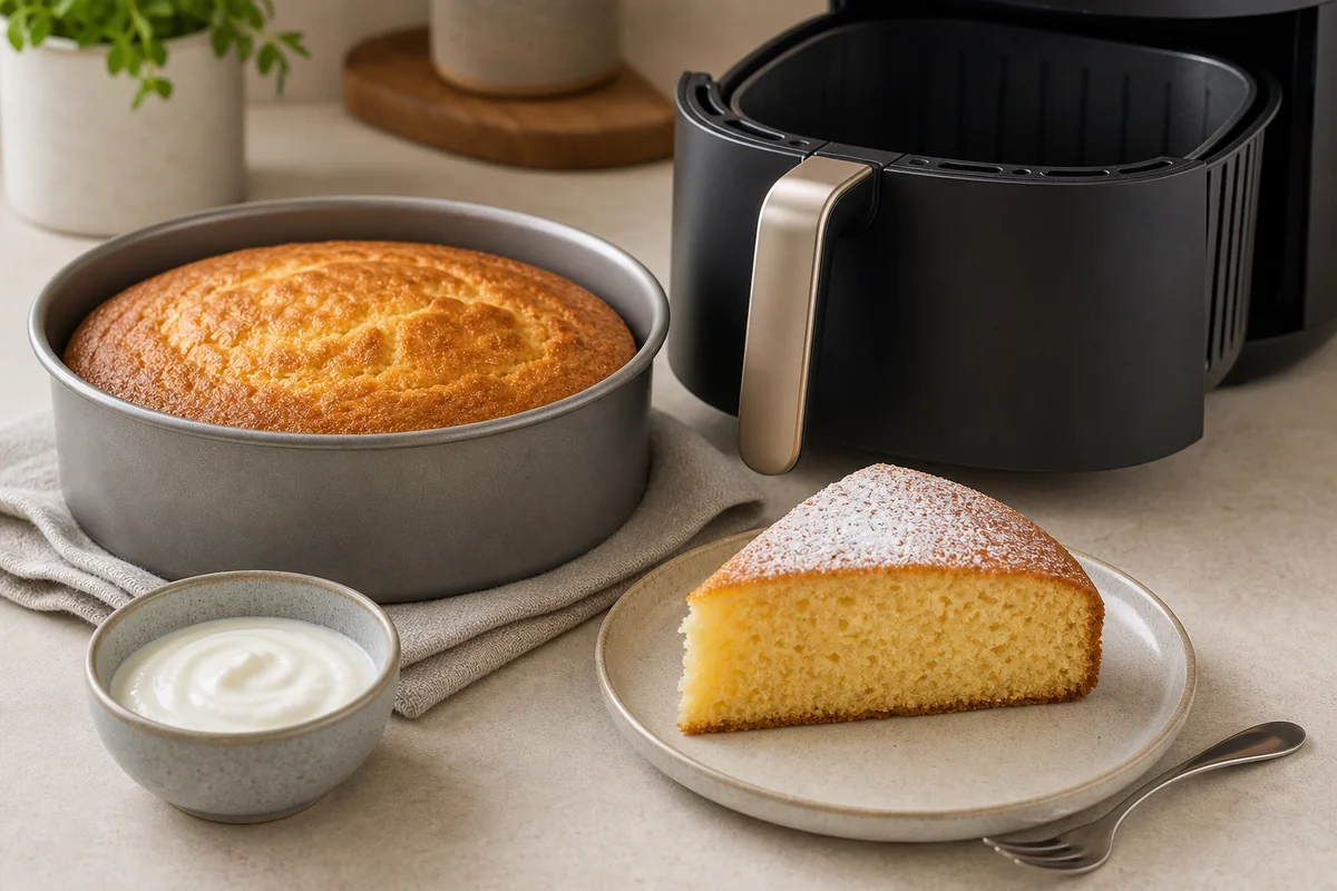 Fatias de bolo de iogurte junto a uma forma redonda pequena.