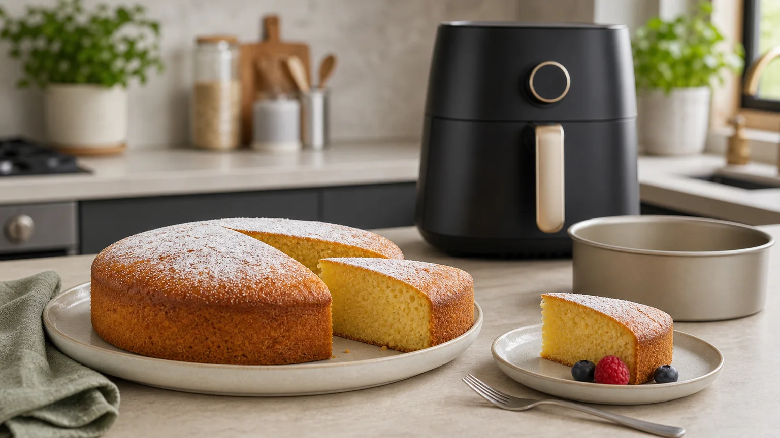 Bolo de iogurte pequeno e dourado numa bancada com air fryer.