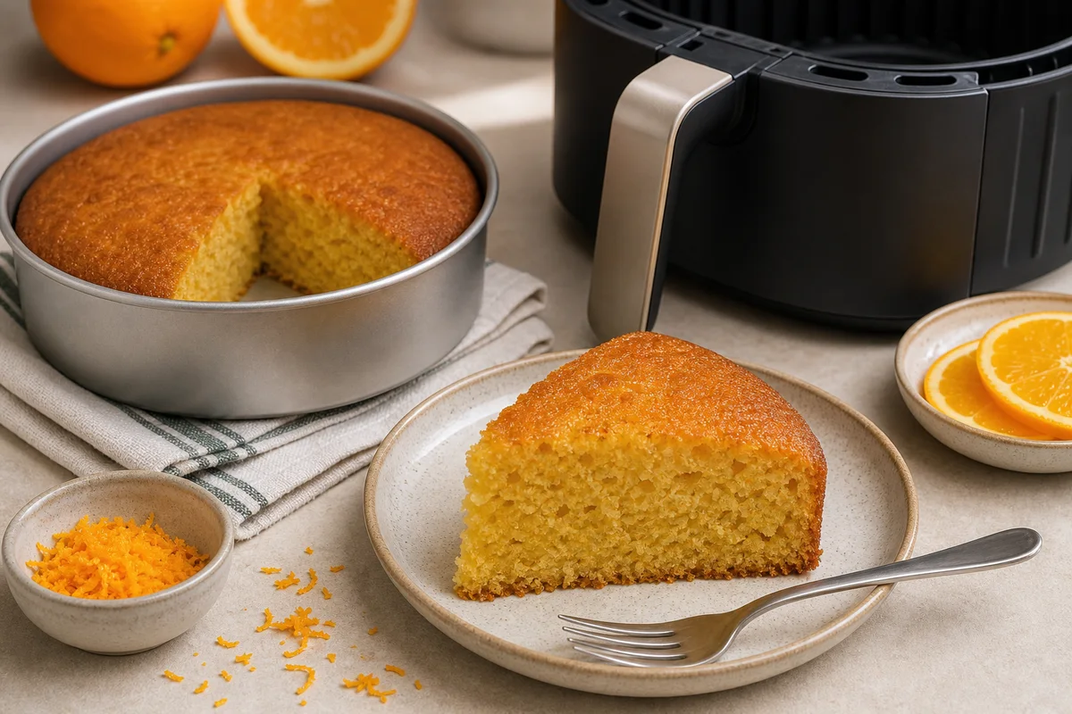 Fatias de bolo de laranja numa travessa clara com forma pequena ao lado.