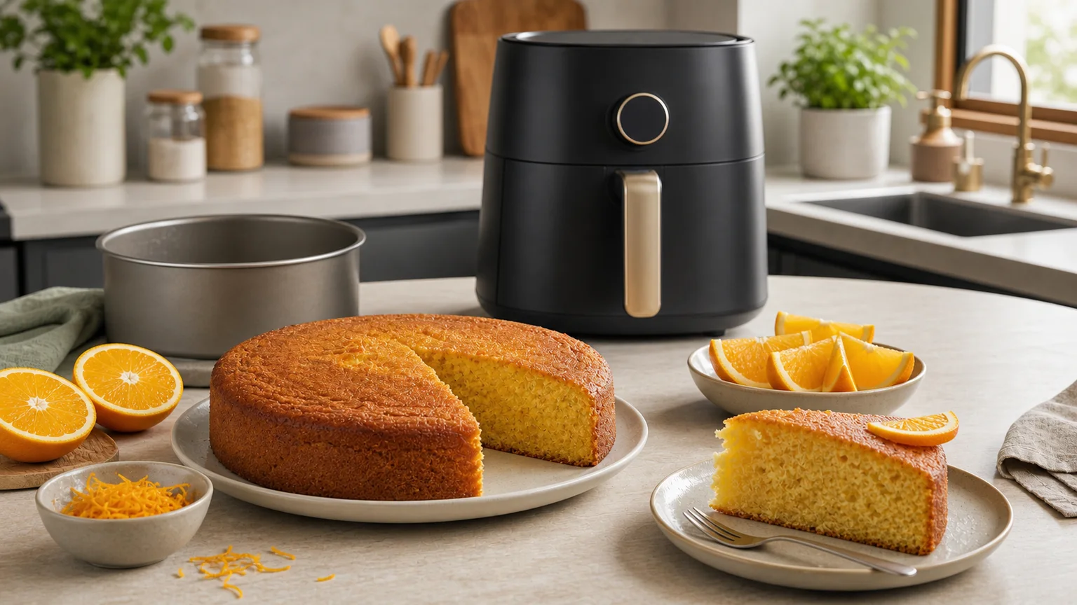Bolo de laranja pequeno com raspa de citrinos junto a uma air fryer.