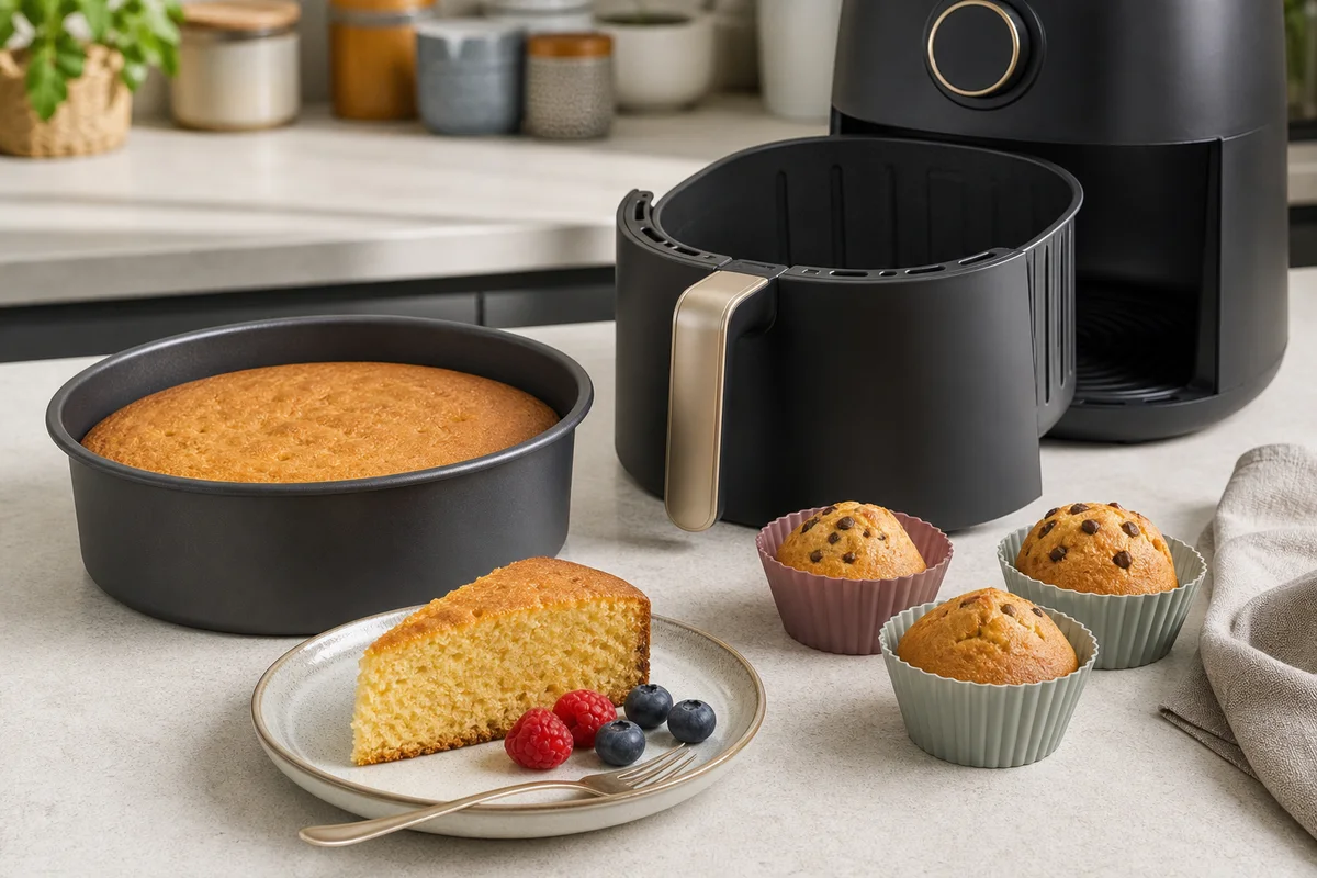 Formas pequenas para bolos alinhadas junto a uma air fryer.