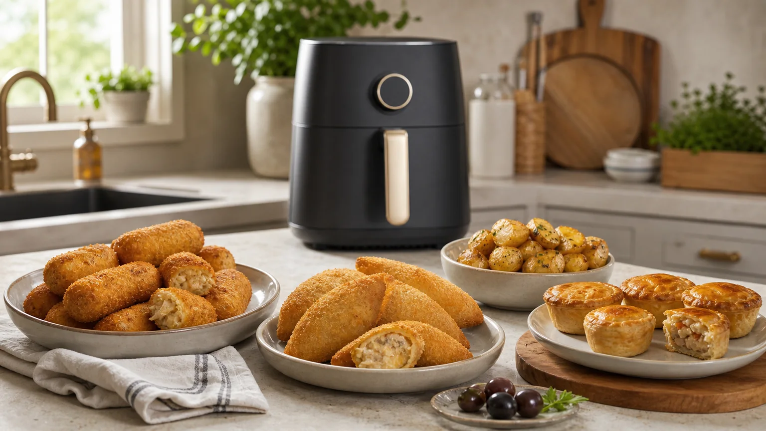 Castanhas na air fryer servido junto a uma air fryer numa cozinha portuguesa.