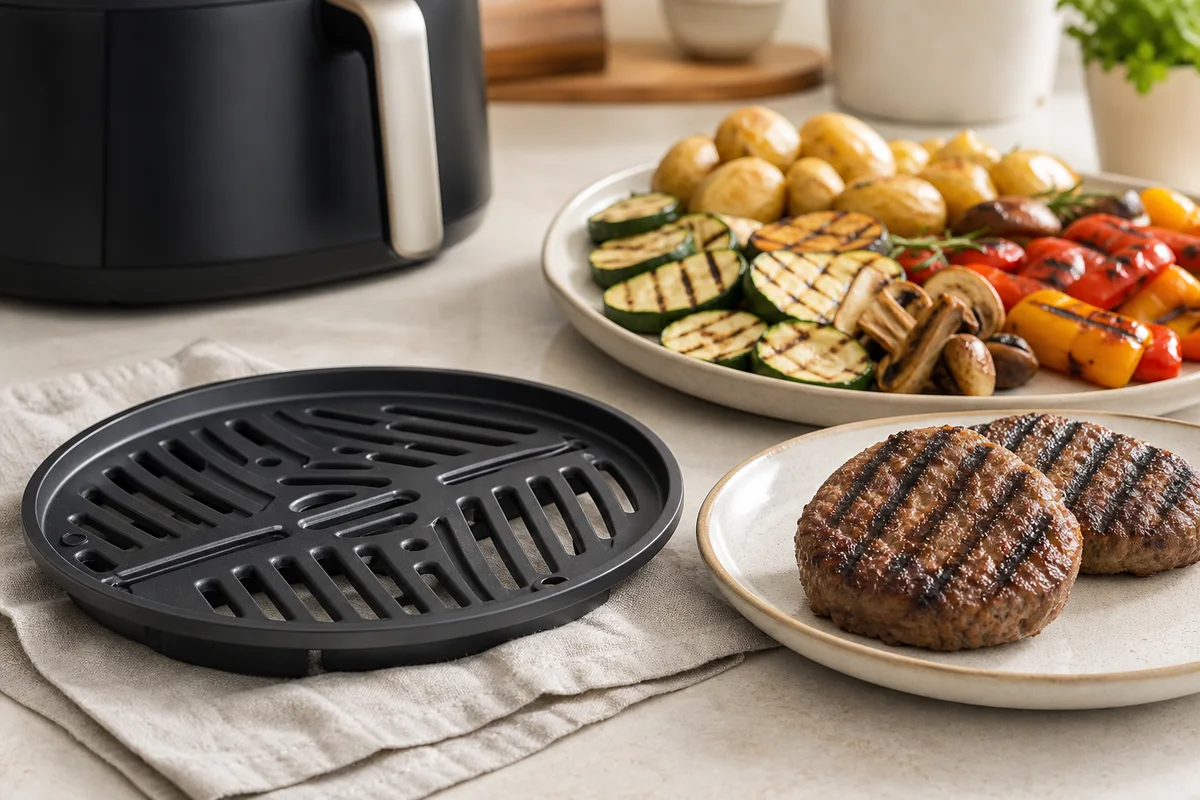 Espetadas curtas preparadas num acessório compatível com air fryer.