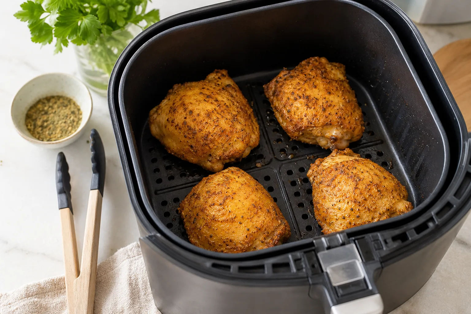 Coxas de frango temperadas e espaçadas dentro de um cesto de air fryer.