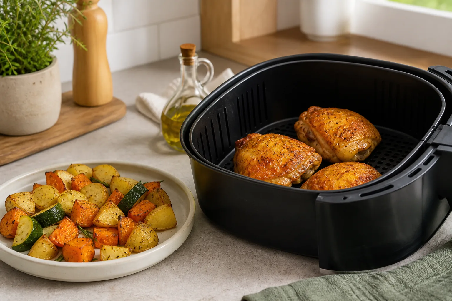 Coxas de frango douradas na air fryer com legumes assados numa cozinha clara.