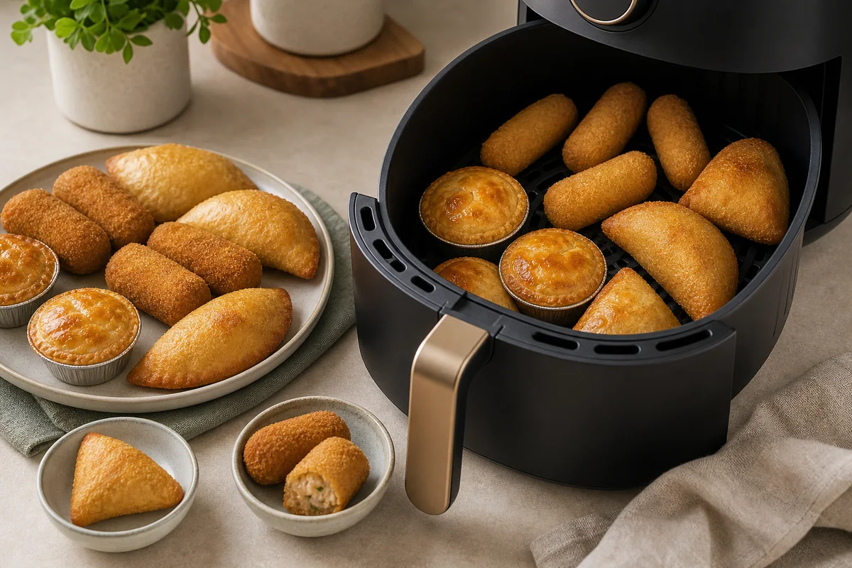 Salgados espaçados no cesto de air fryer antes de cozinhar.