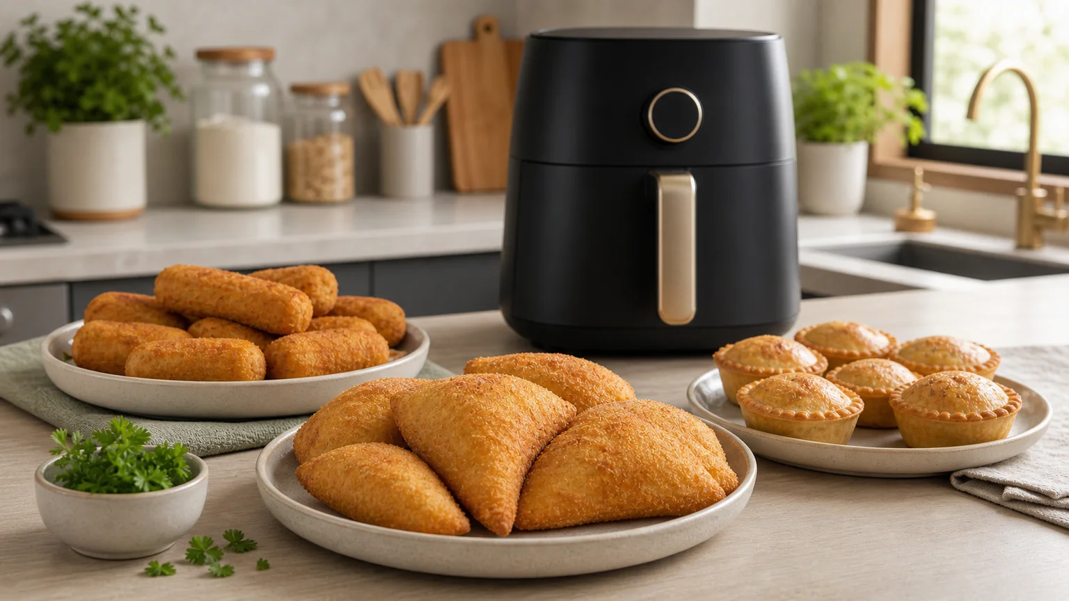 Croquetes, rissóis e empadas servidos numa travessa junto a uma air fryer.