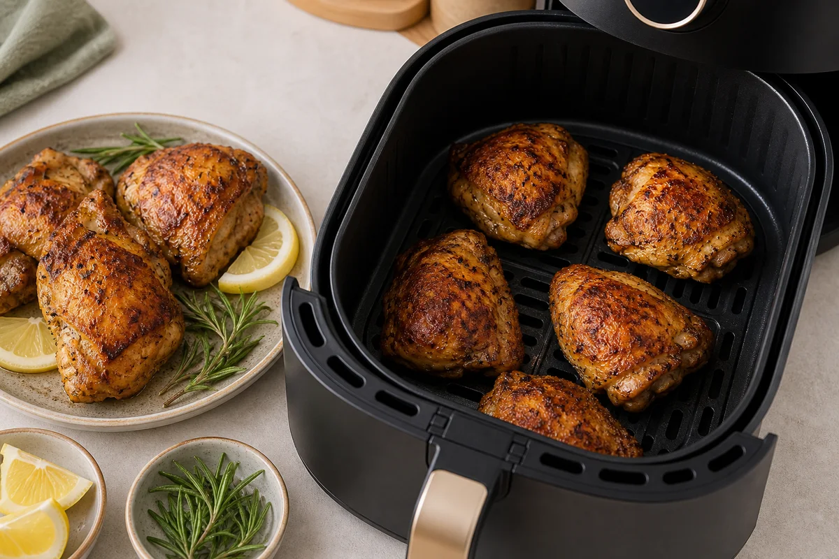 Frango em pedaços servido numa travessa simples com pinça de silicone.