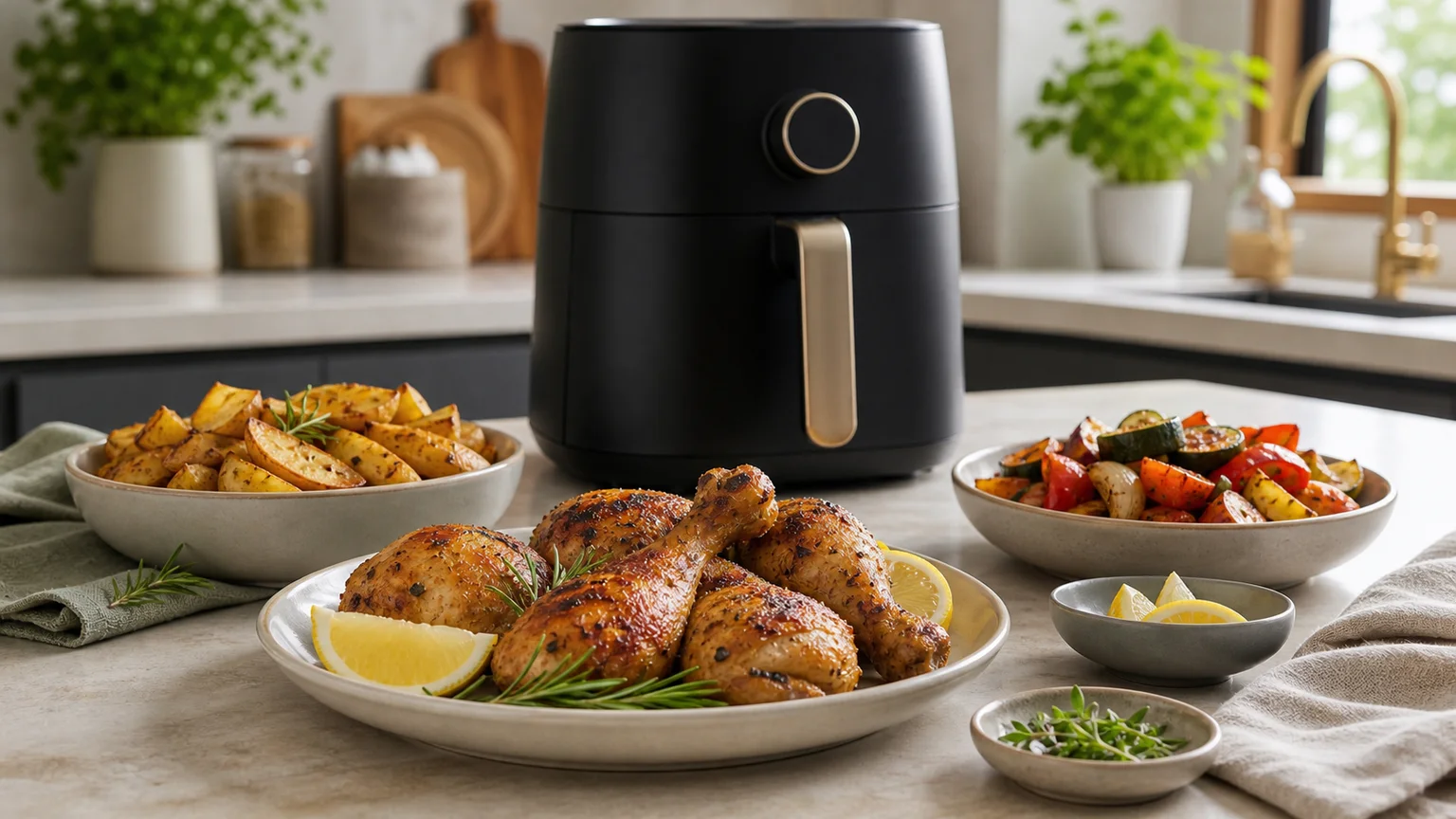 Pedaços de frango cozinhado com legumes junto a uma air fryer.