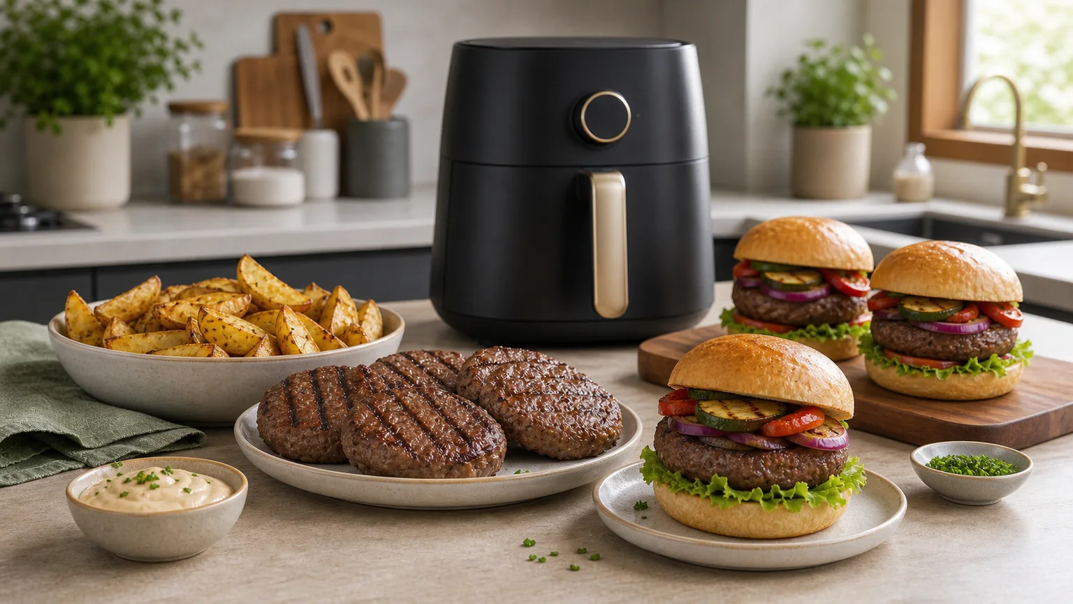 Hambúrguer cozinhado na air fryer servido com batatas numa bancada.