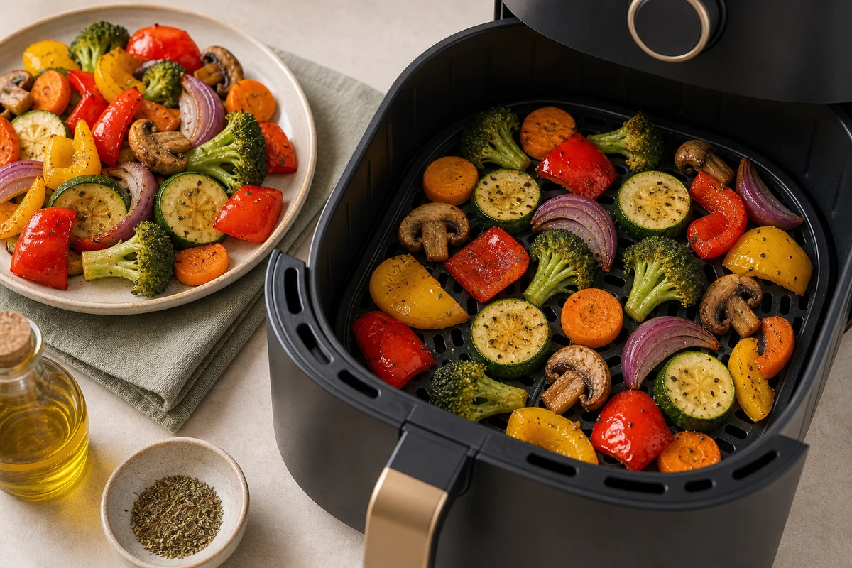 Legumes cortados em tamanhos semelhantes antes de entrar na air fryer.