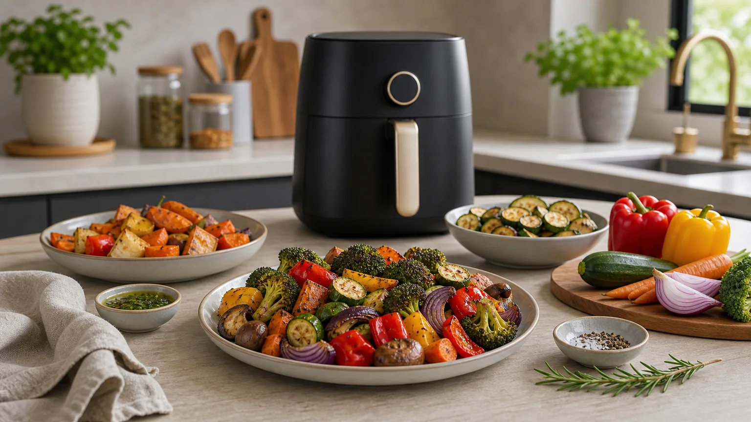 Legumes coloridos cozinhados na air fryer numa taça clara.