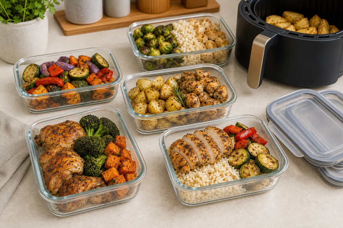 Proteína e legumes separados em caixas de refeição.