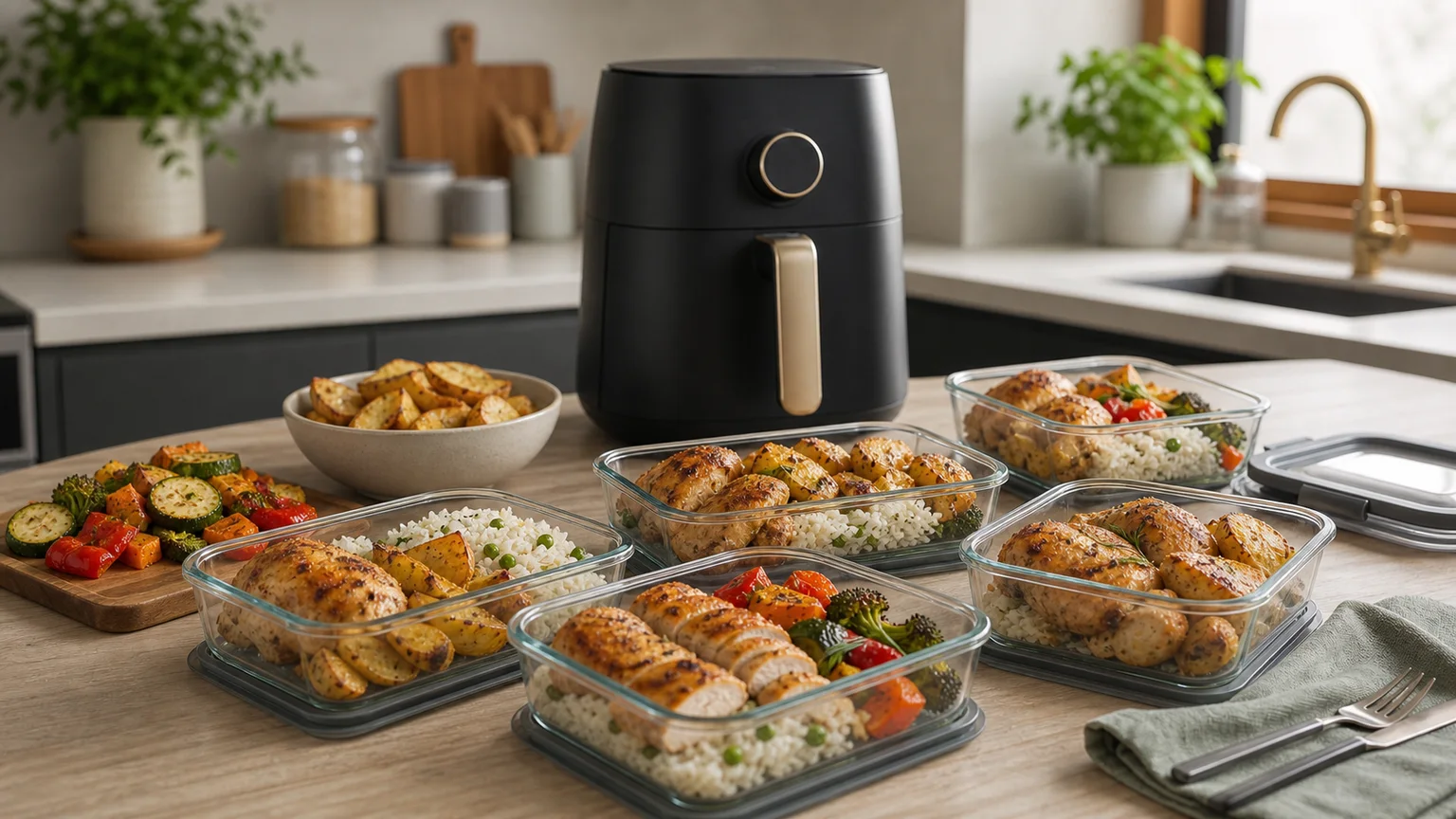 Caixas de refeição com legumes e proteína preparadas junto a uma air fryer.