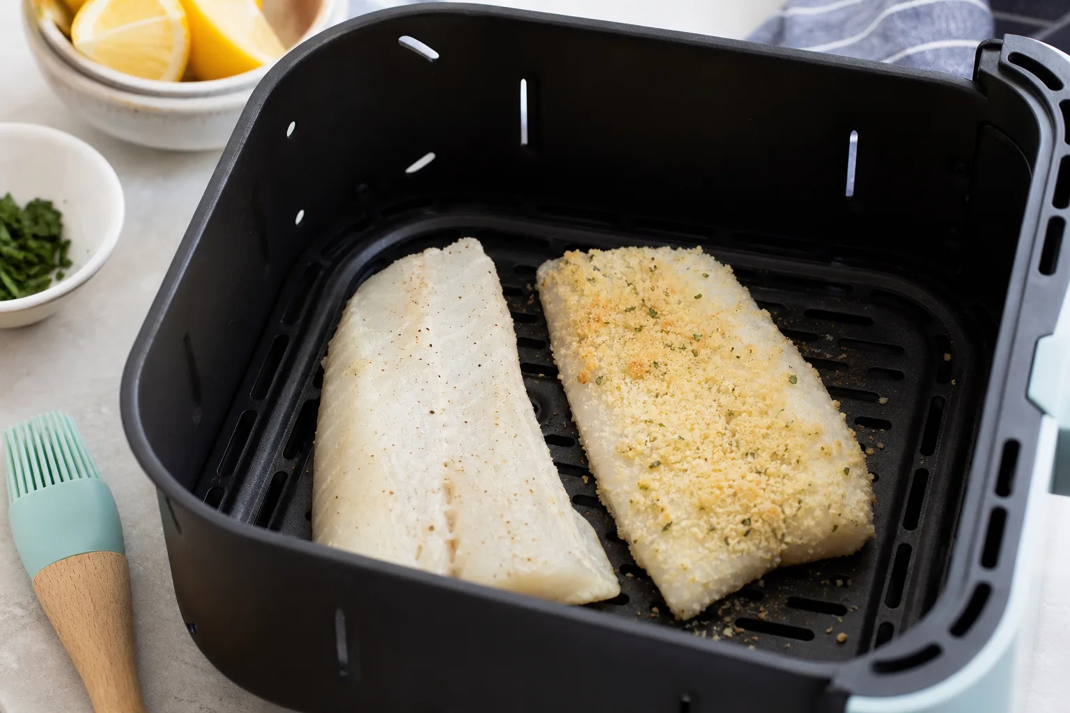 Filetes de peixe simples e panados espaçados dentro de um cesto de air fryer.