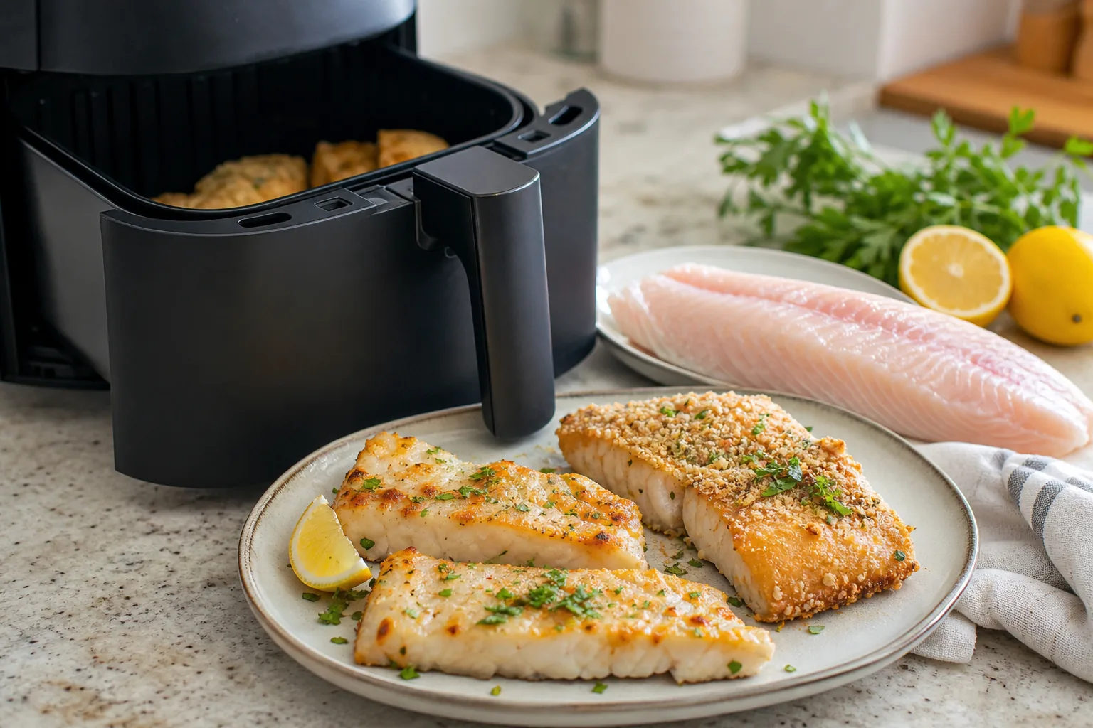 Filetes de peixe simples e panados servidos junto a uma air fryer com limao.