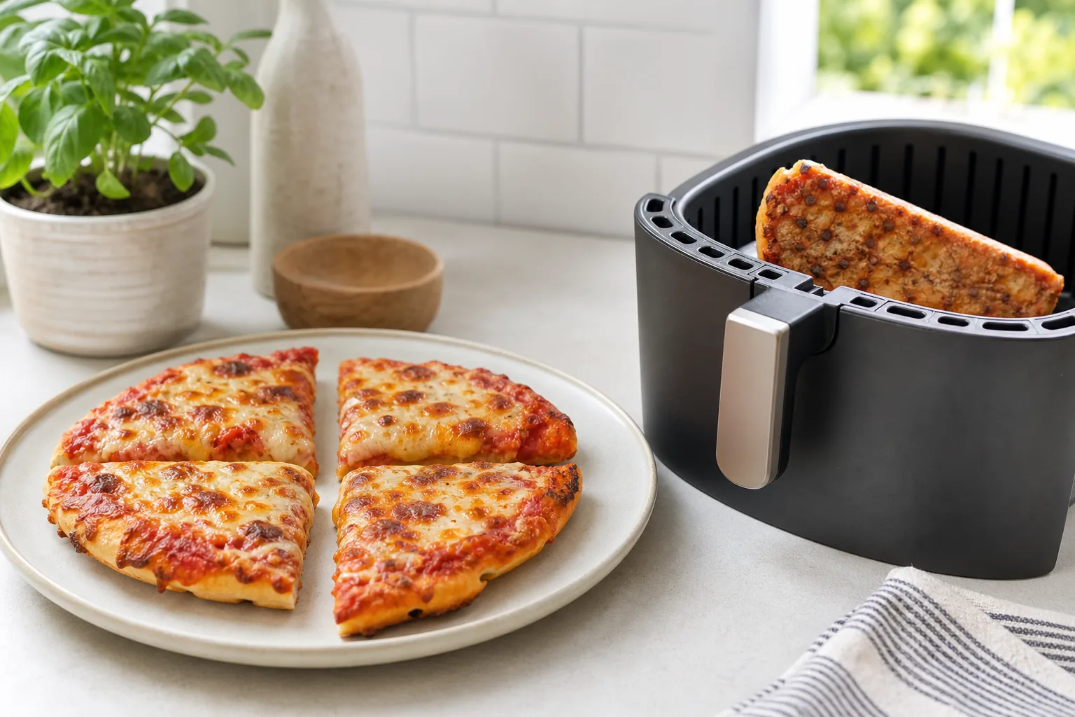 Fatias de pizza na air fryer num prato junto a um cesto sem marca.