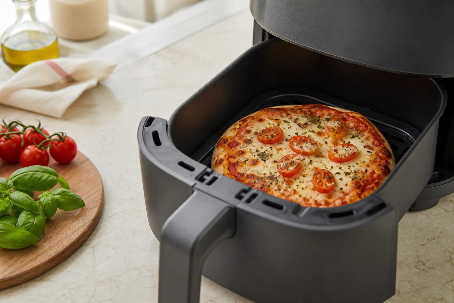Pizza pequena com queijo derretido dentro de um cesto de air fryer sem marca.