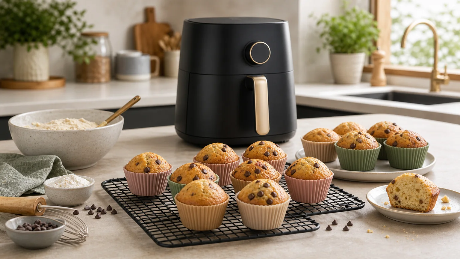 Queques pequenos cozinhados na air fryer numa bancada de cozinha.