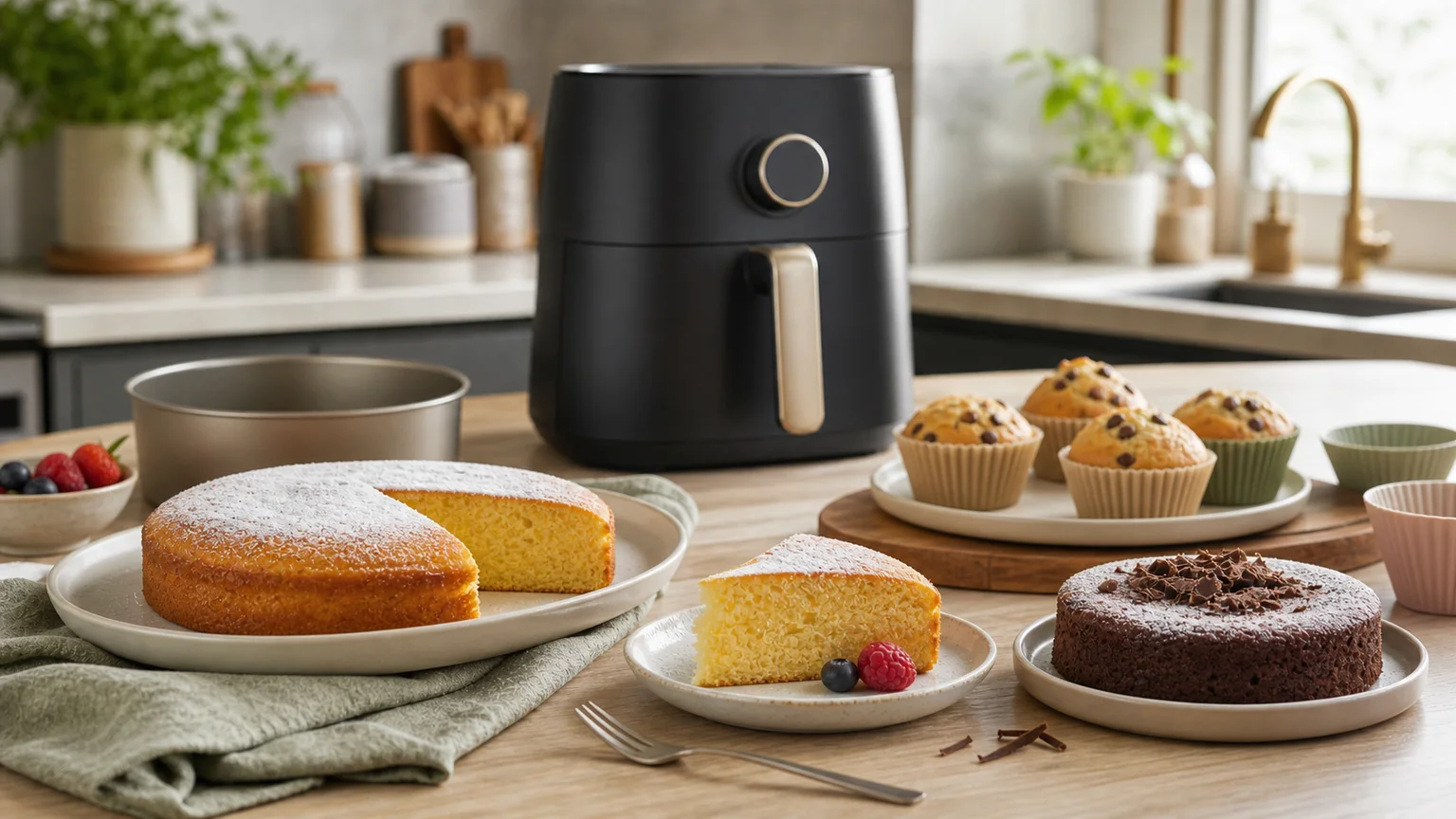 Rabanadas na air fryer servido junto a uma air fryer numa cozinha portuguesa.