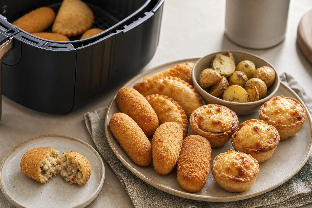 Travessa com croquetes e legumes preparados para servir.