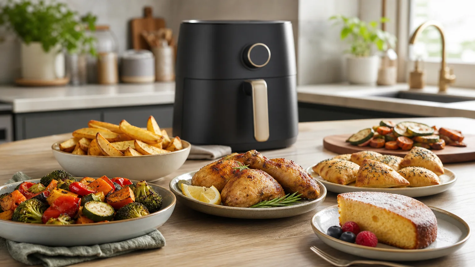Mesa com várias receitas preparadas na air fryer, incluindo legumes, salgados e bolos caseiros.
