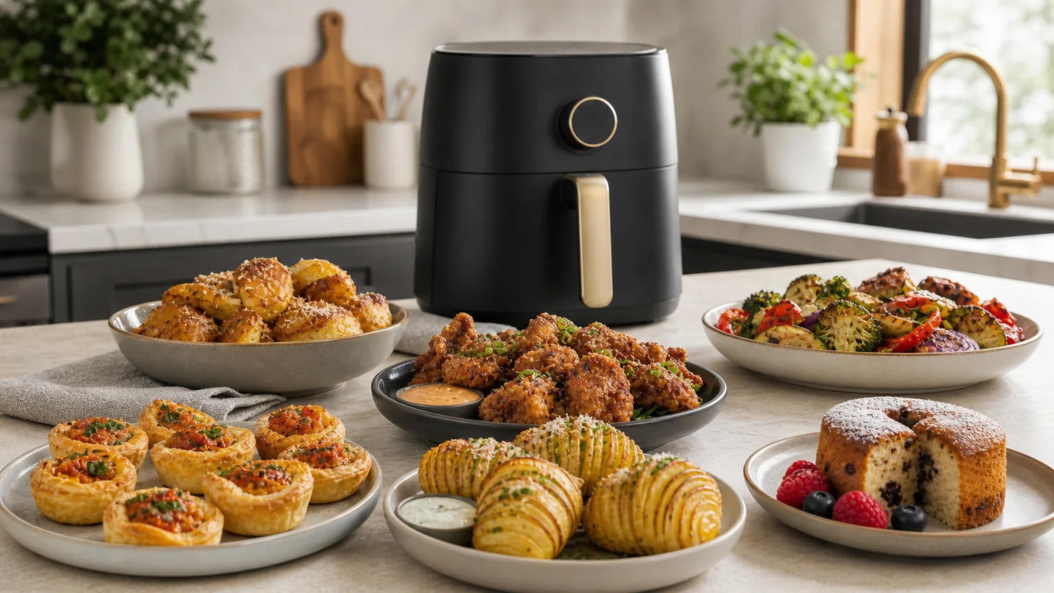 Petiscos variados de air fryer numa bancada colorida e organizada.