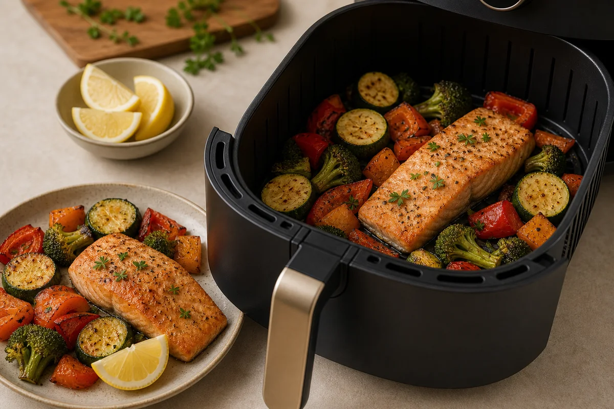 Cubos de salmão cozinhado numa taça de refeição.