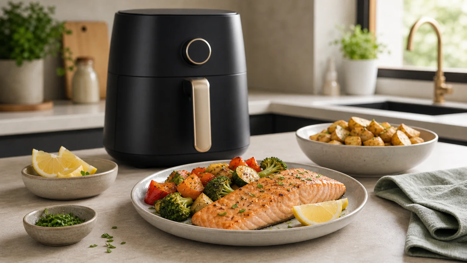 Filete de salmão cozinhado na air fryer com legumes verdes.